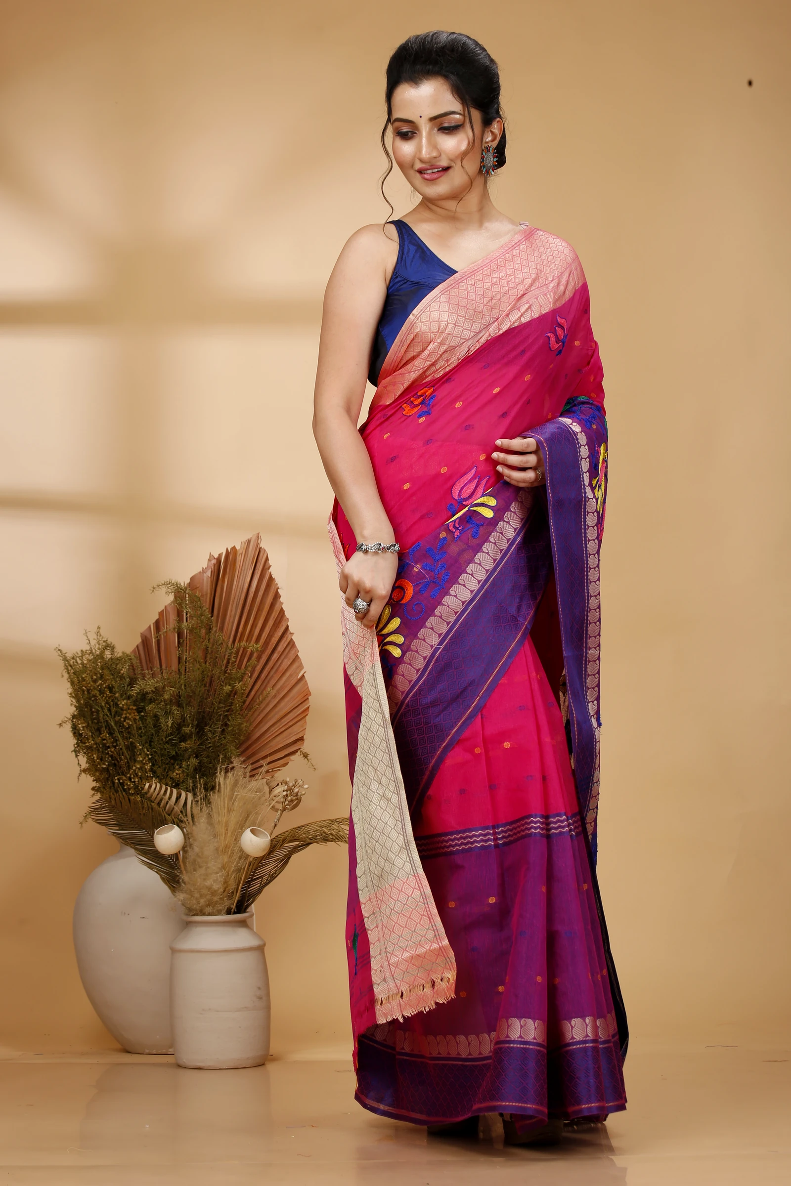 Pink Pure Cotton Embi Ganga Sib Tant Embroidery (1571)
