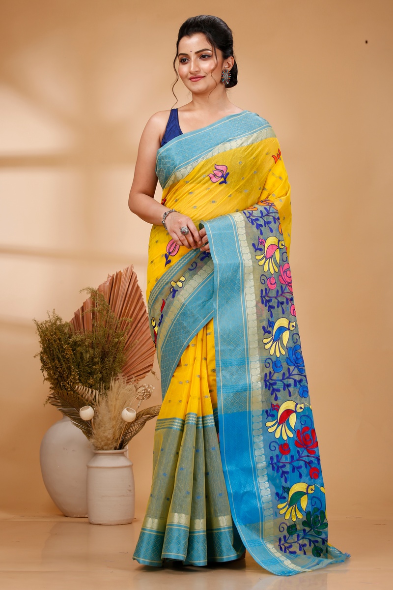 Light Yellow Pure Cotton Embi Ganga Sib Tant Embroidery (1572)