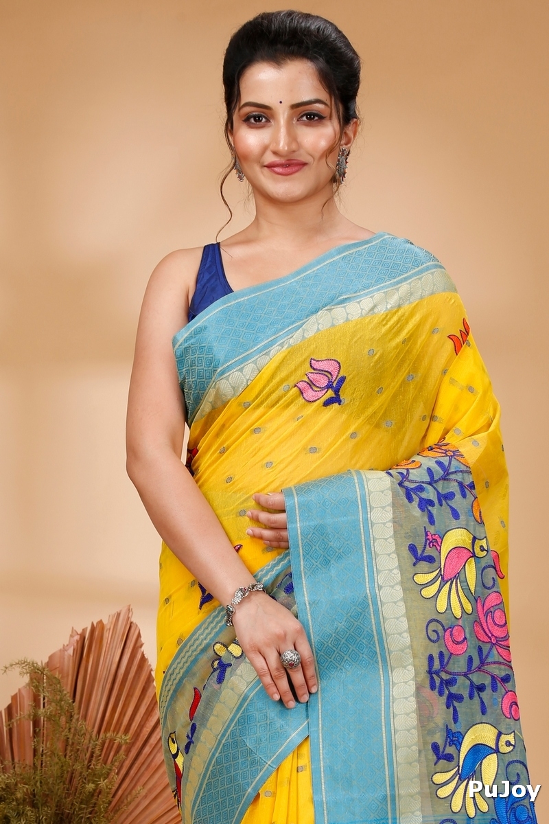 Light Yellow Pure Cotton Embi Ganga Sib Tant Embroidery (1572)