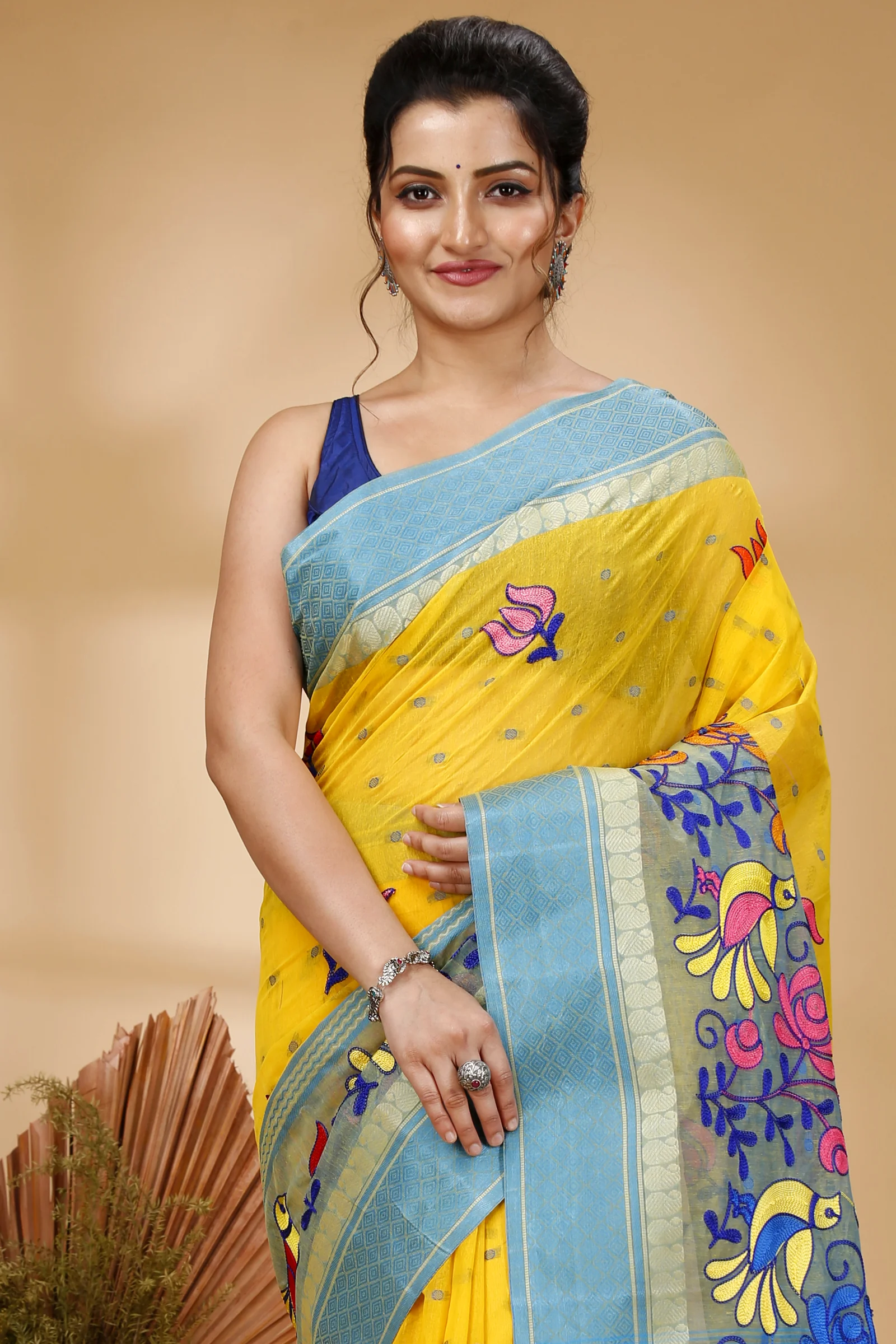Light Yellow Pure Cotton Embi Ganga Sib Tant Embroidery (1572)