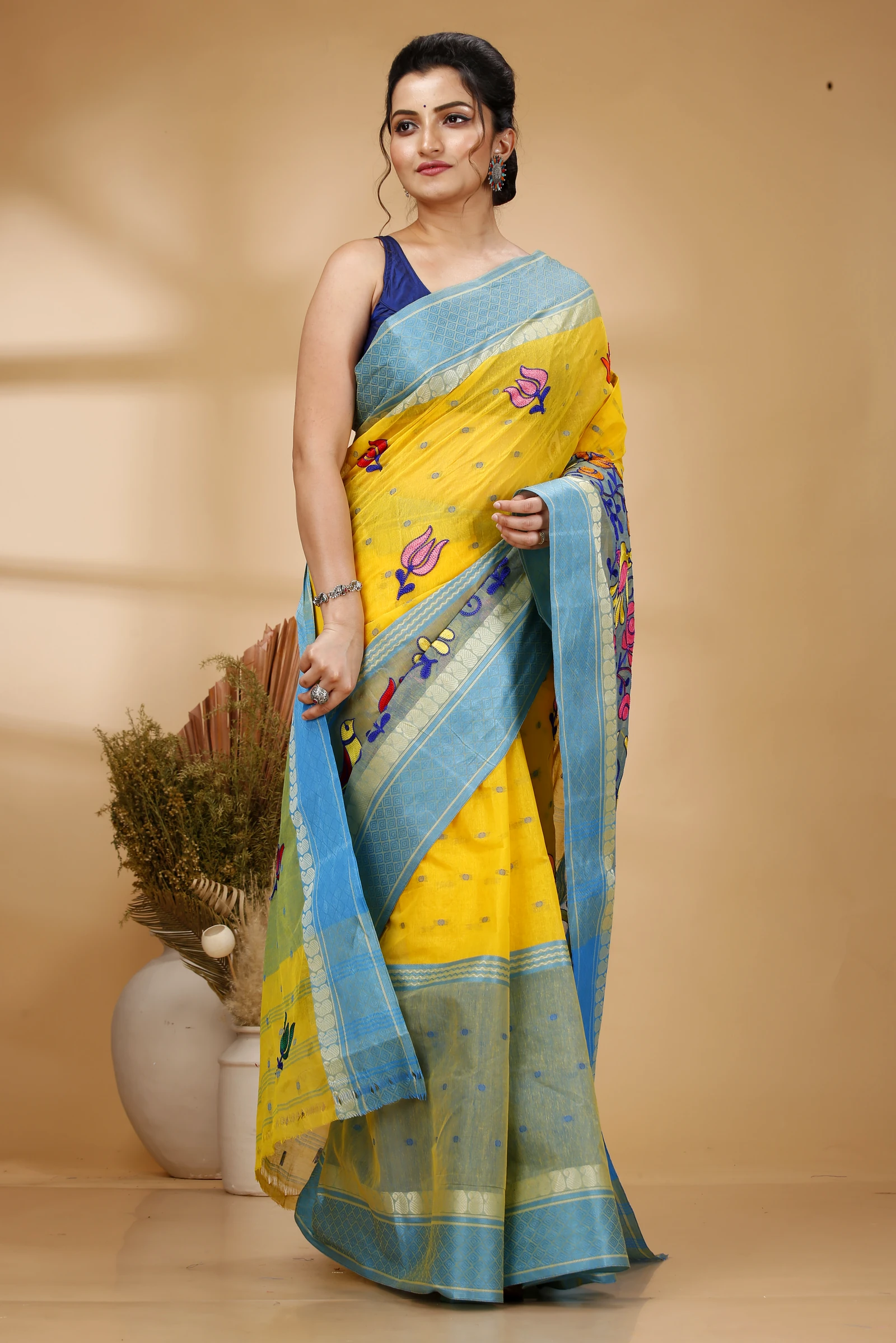 Light Yellow Pure Cotton Embi Ganga Sib Tant Embroidery (1572)