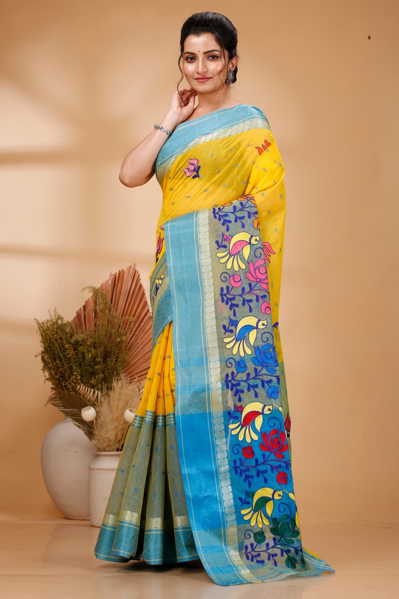 Light Yellow Pure Cotton Embi Ganga Sib Tant Embroidery (1572)