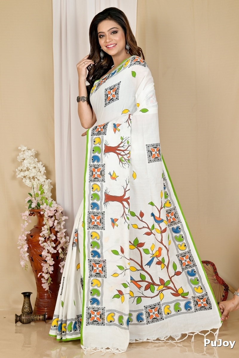 White Pure Cotton Asu Hand Loom Saree (1580)