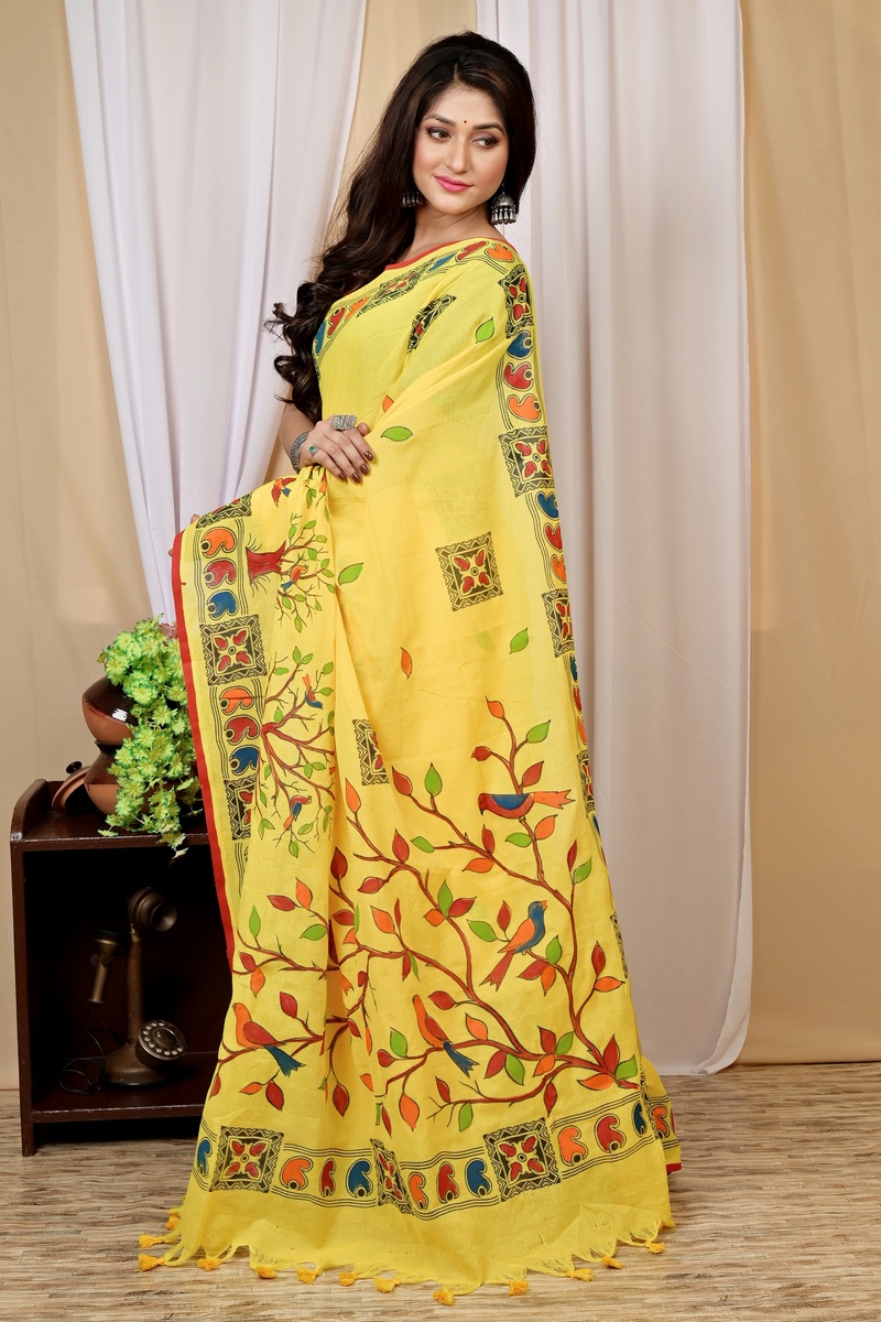 Yellow Pure Cotton Asu Hand Loom Saree (1581)