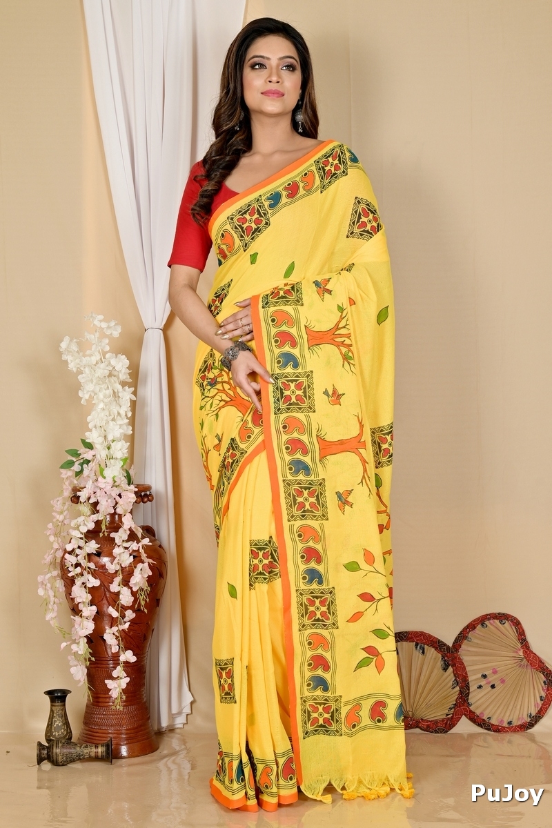 Yellow Pure Cotton Asu Hand Loom Saree (1581)