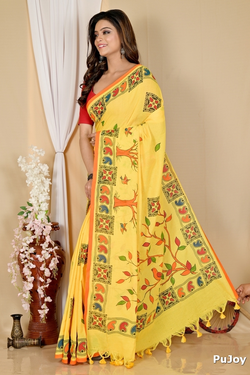 Yellow Pure Cotton Asu Hand Loom Saree (1581)