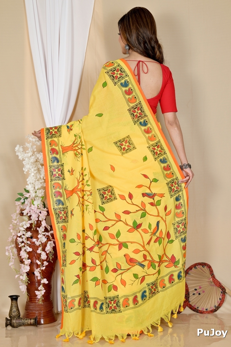 Yellow Pure Cotton Asu Hand Loom Saree (1581)