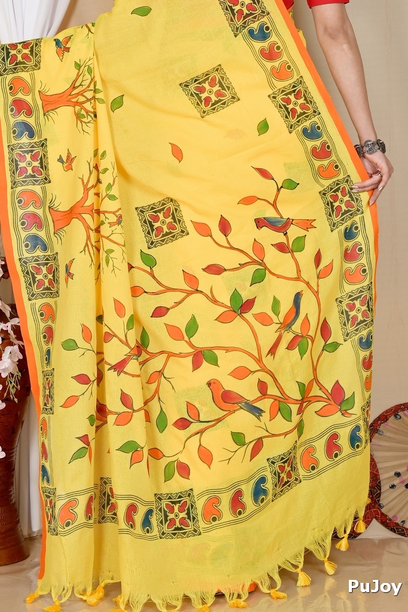 Yellow Pure Cotton Asu Hand Loom Saree (1581)