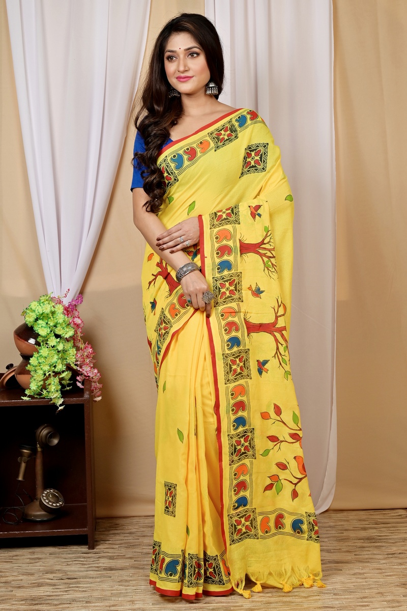 Yellow Pure Cotton Asu Hand Loom Saree (1581)