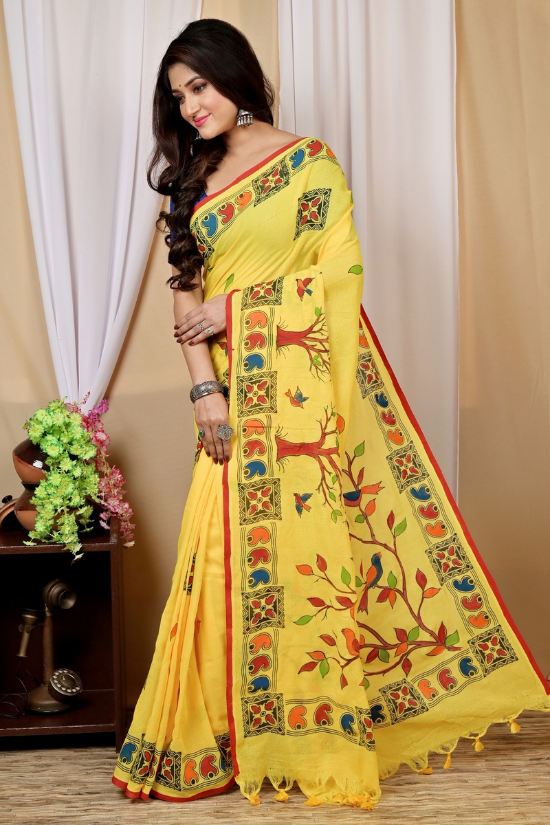 Yellow Pure Cotton Asu Hand Loom Saree (1581)