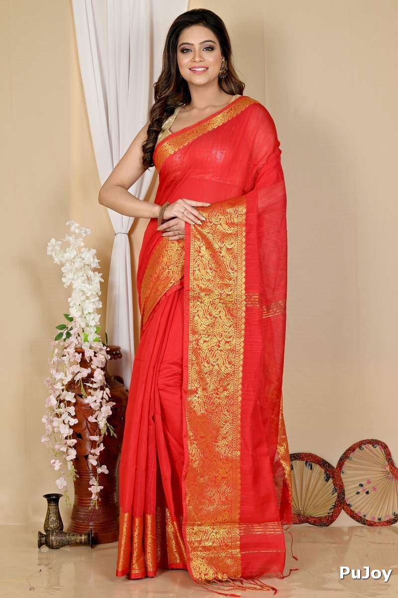 Red Cotton Silk Asta Hand Loom Saree (1585)