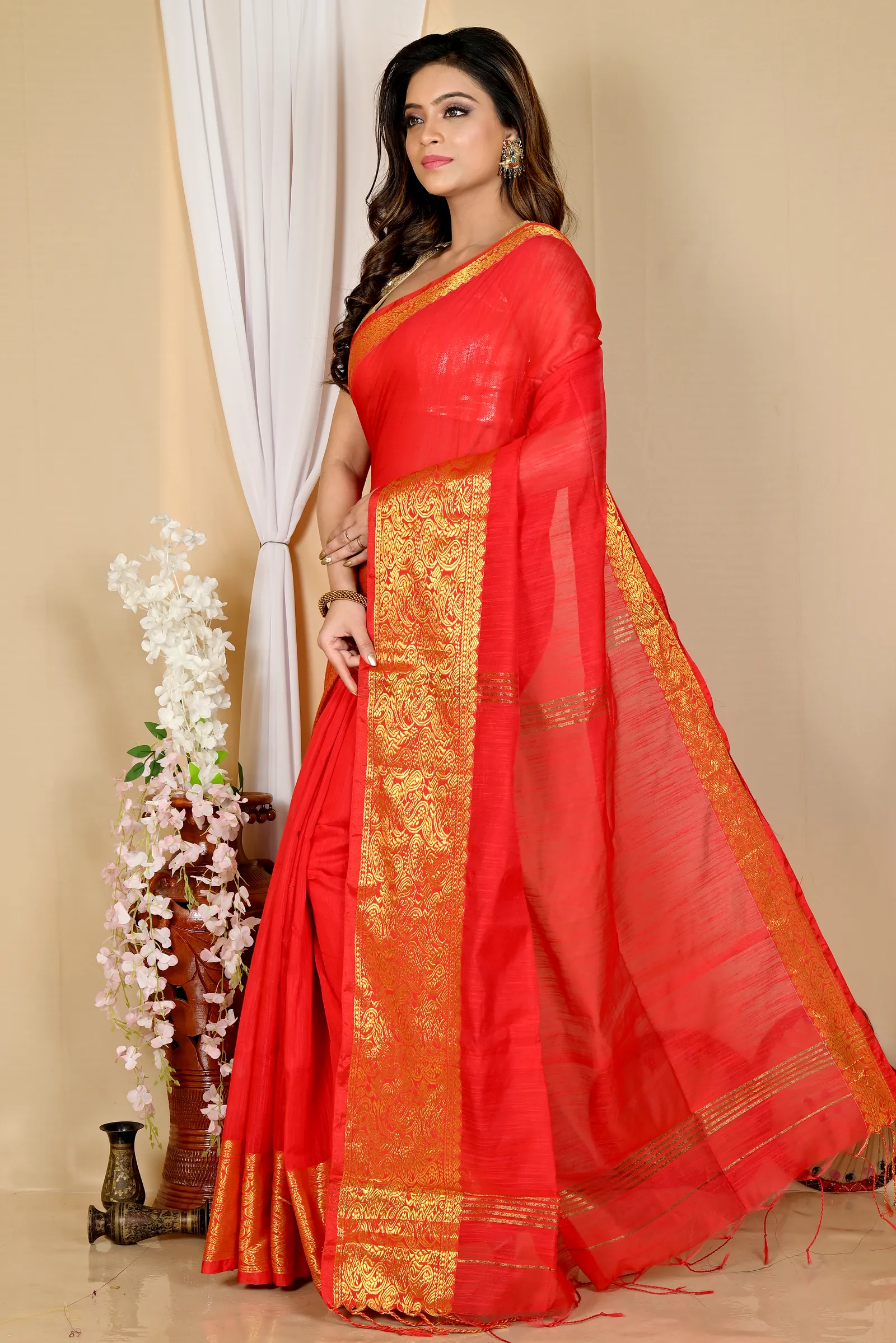 Red Cotton Silk Asta Hand Loom Saree (1585)