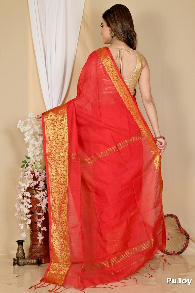 Red Cotton Silk Asta Hand Loom Saree (1585)