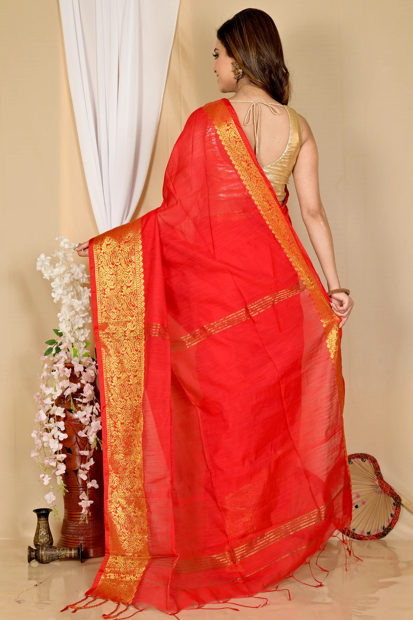 Red Cotton Silk Asta Hand Loom Saree (1585)