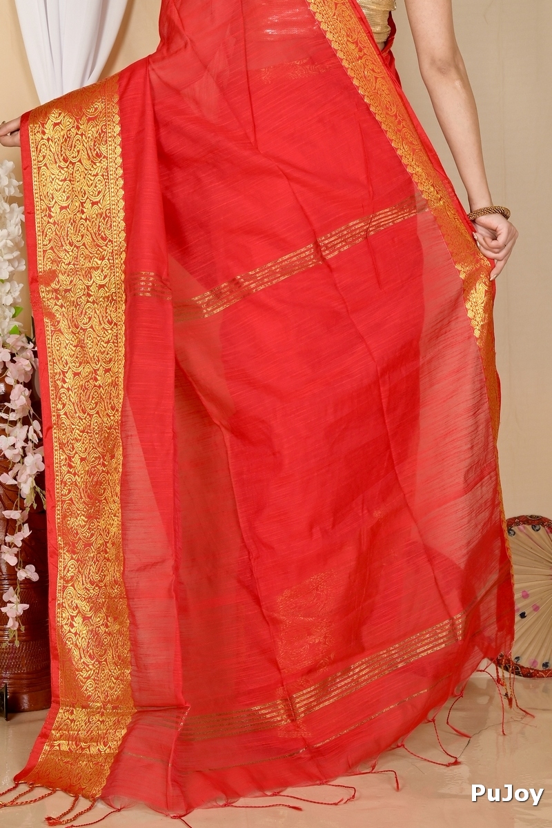 Red Cotton Silk Asta Hand Loom Saree (1585)
