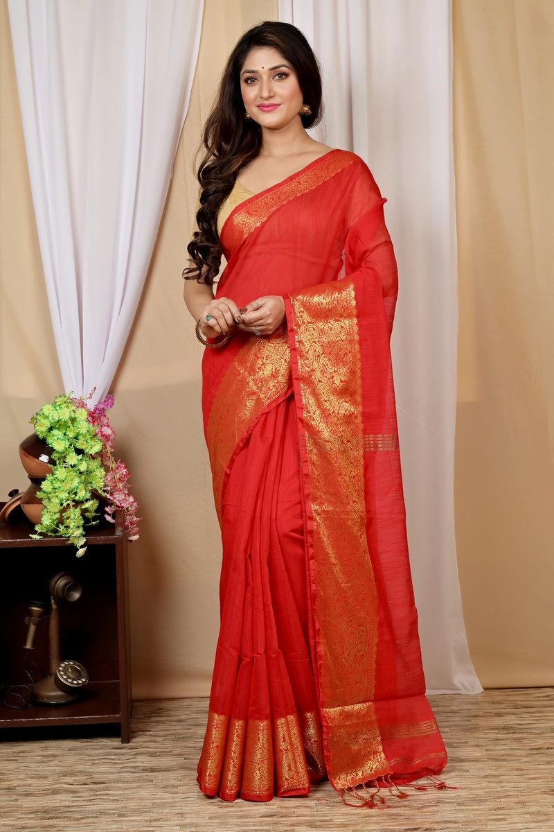 Red Cotton Silk Asta Hand Loom Saree (1585)