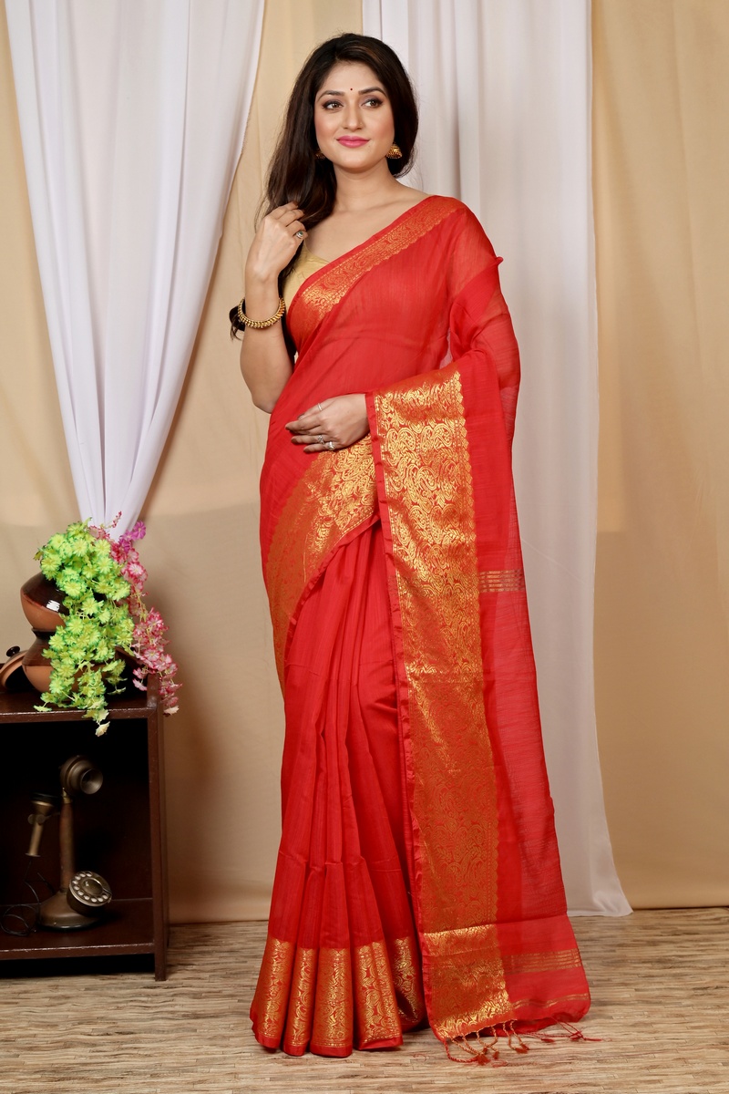 Red Cotton Silk Asta Hand Loom Saree (1585)