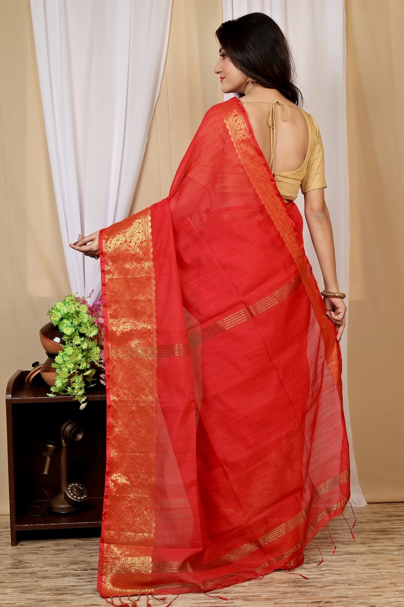 Red Cotton Silk Asta Hand Loom Saree (1585)