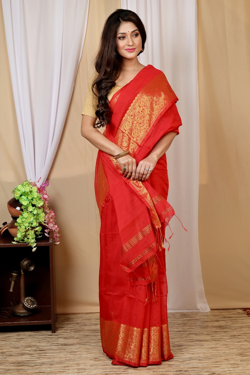Red Cotton Silk Asta Hand Loom Saree (1585)