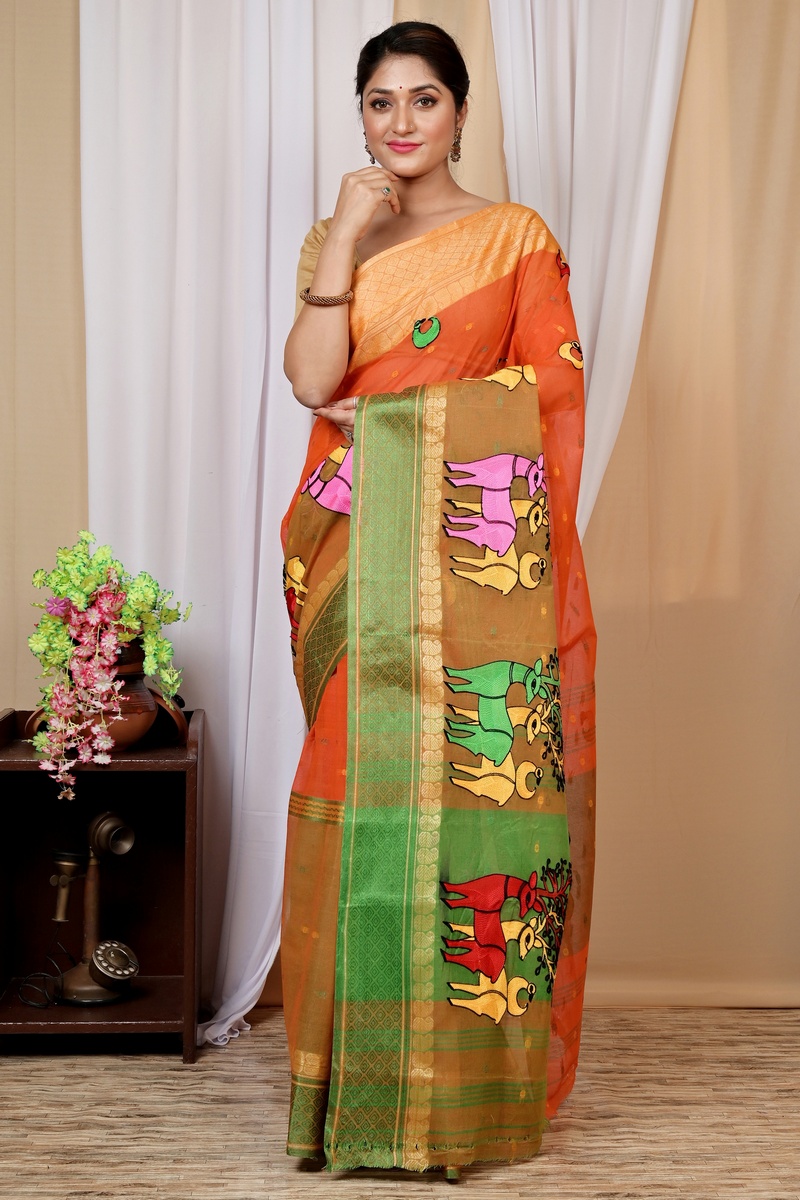 Orange Pure Cotton Embi Ganga Indra Tant Embroidery (1587)