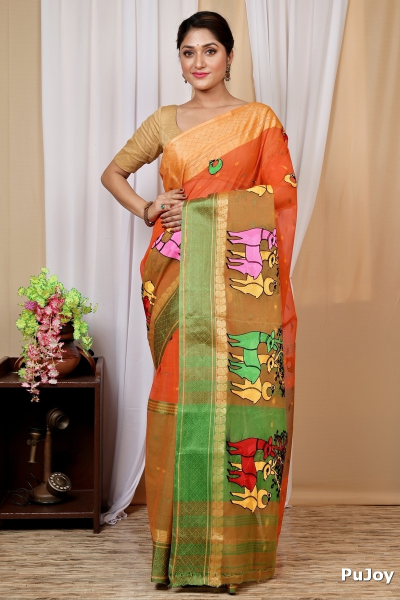 Orange Pure Cotton Embi Ganga Indra Tant Embroidery (1587)