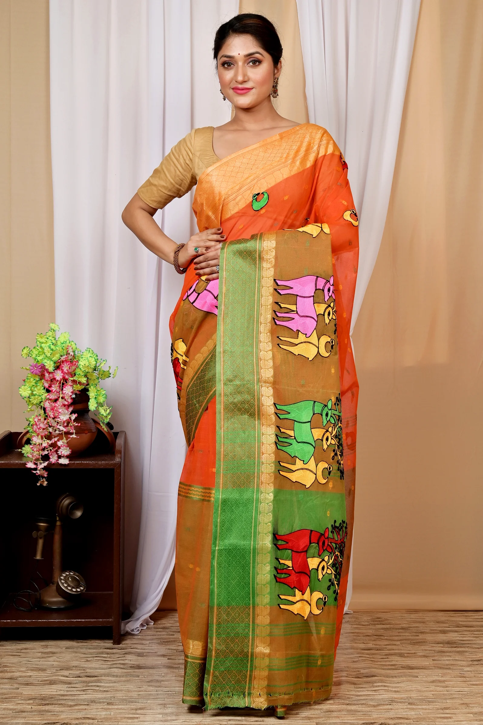 Orange Pure Cotton Embi Ganga Indra Tant Embroidery (1587)