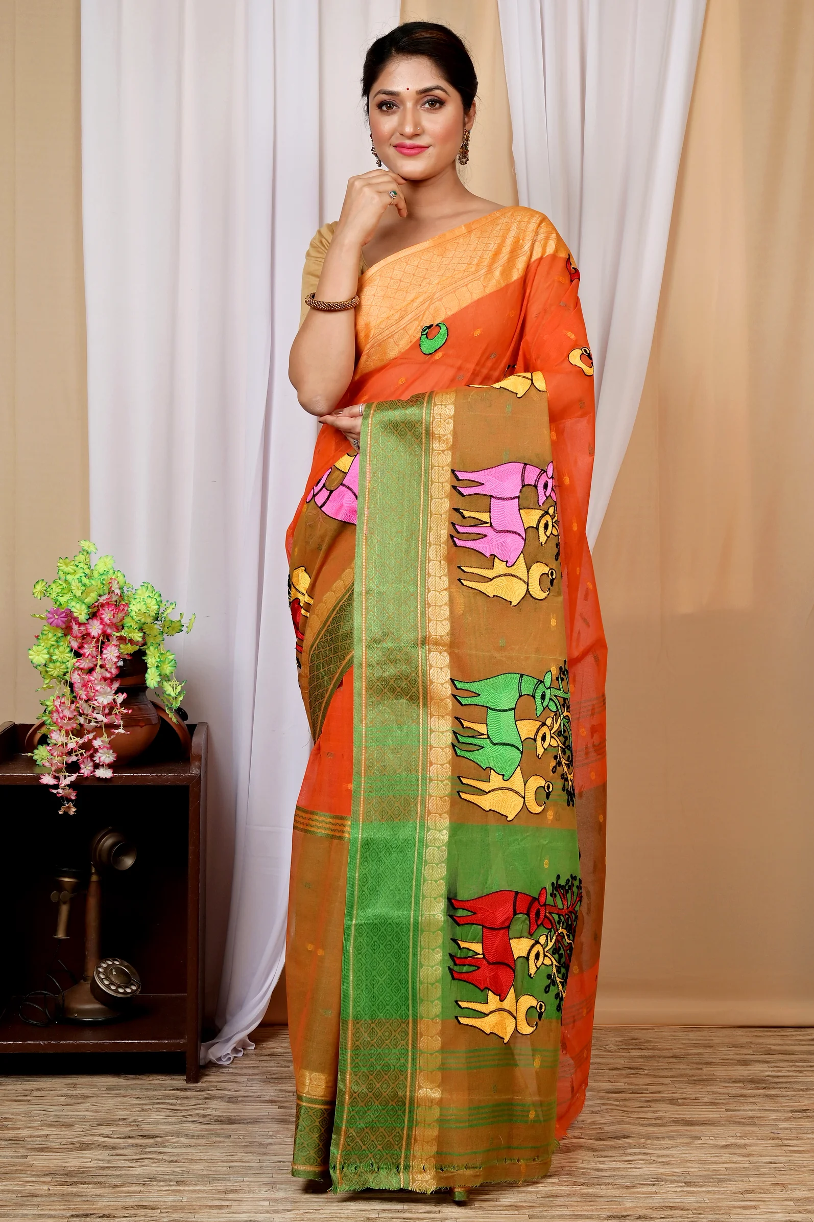 Orange Pure Cotton Embi Ganga Indra Tant Embroidery (1587)