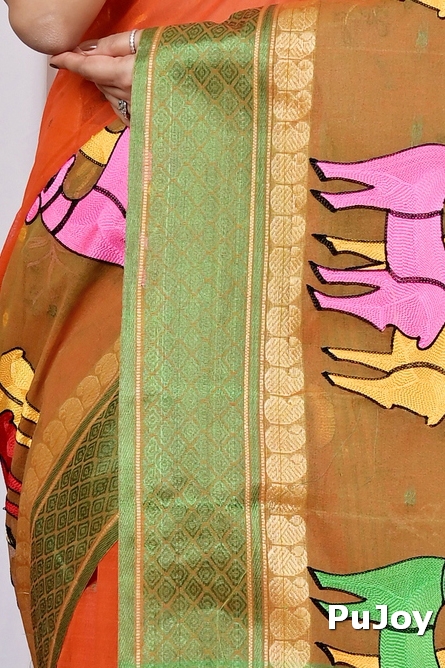 Orange Pure Cotton Embi Ganga Indra Tant Embroidery (1587)