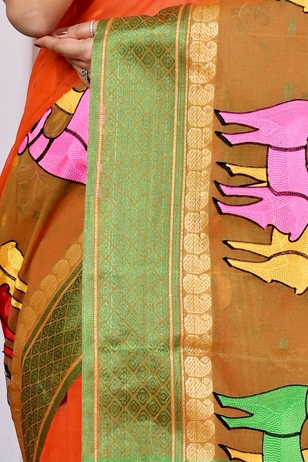 Orange Pure Cotton Embi Ganga Indra Tant Embroidery (1587)