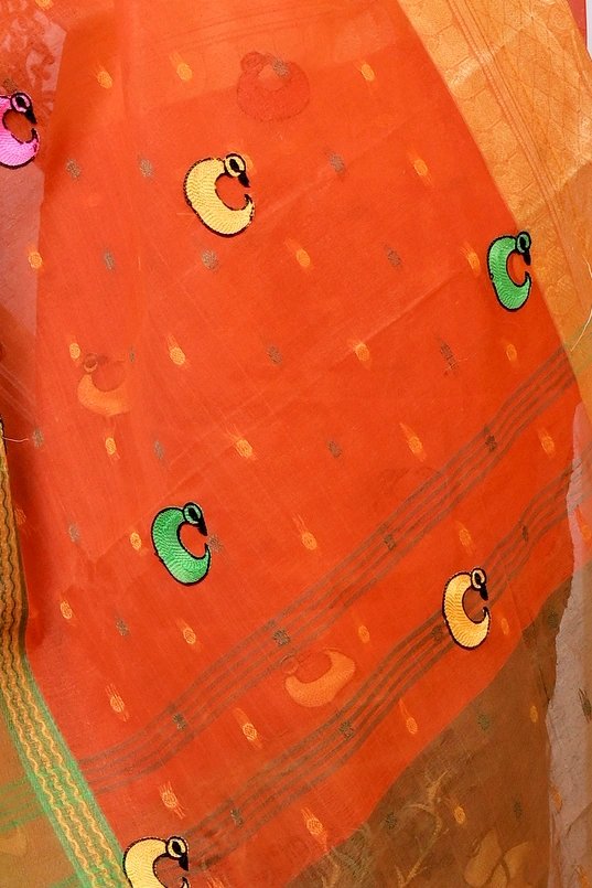 Orange Pure Cotton Embi Ganga Indra Tant Embroidery (1587)