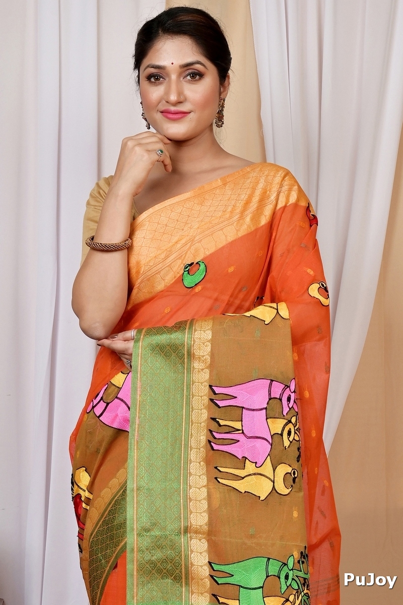 Orange Pure Cotton Embi Ganga Indra Tant Embroidery (1587)