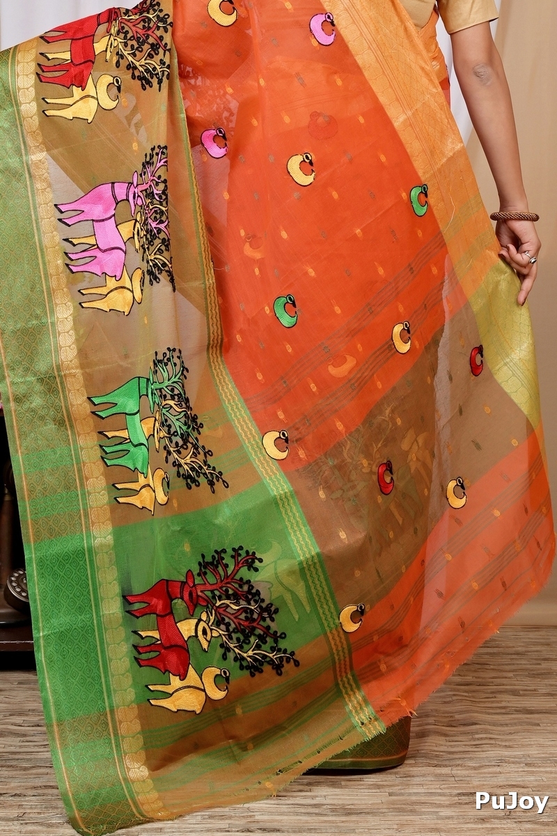 Orange Pure Cotton Embi Ganga Indra Tant Embroidery (1587)