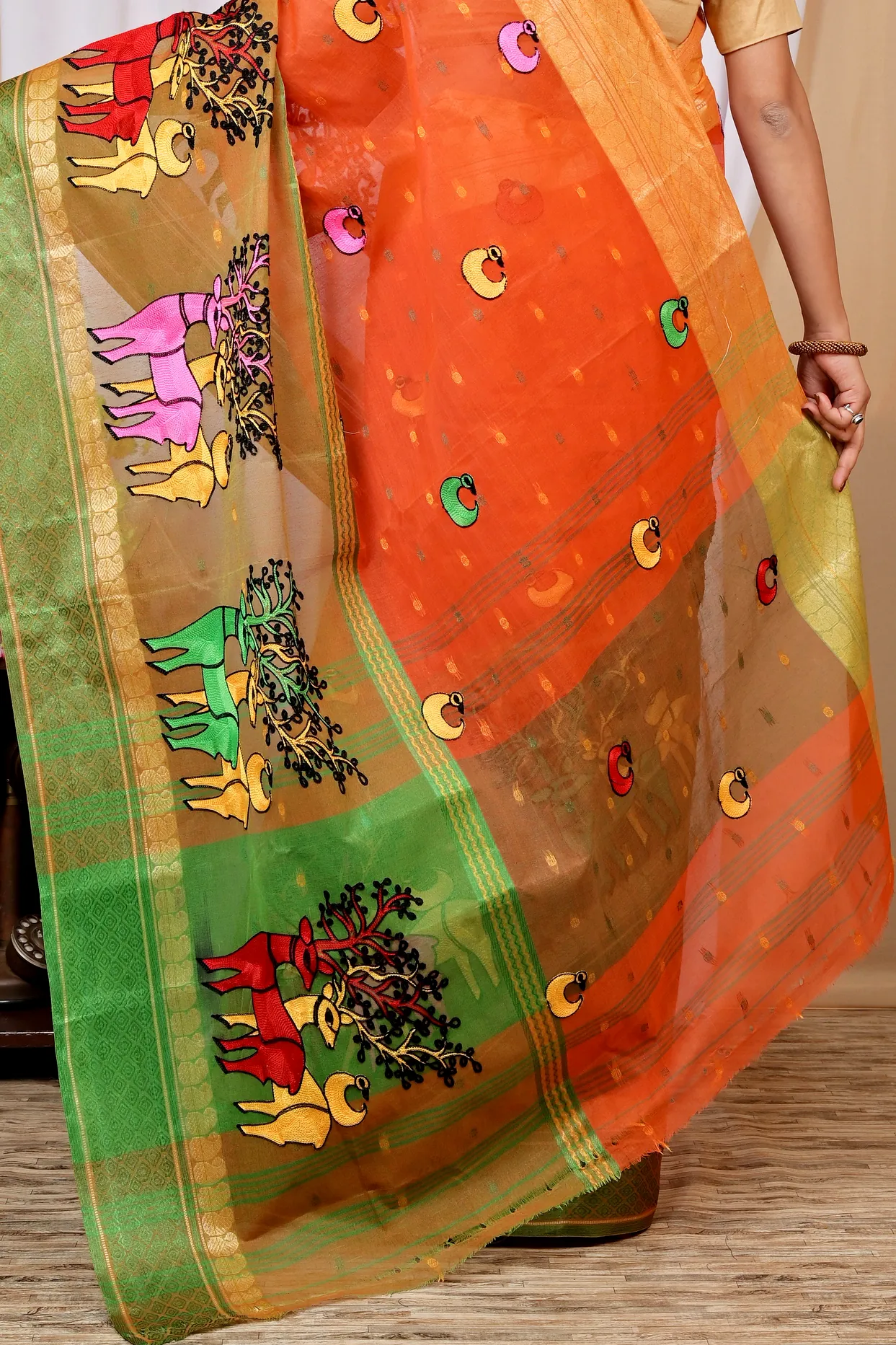 Orange Pure Cotton Embi Ganga Indra Tant Embroidery (1587)