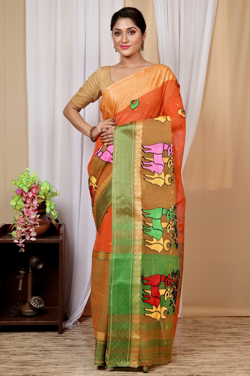 Orange Pure Cotton Embi Ganga Indra Tant Embroidery (1587)