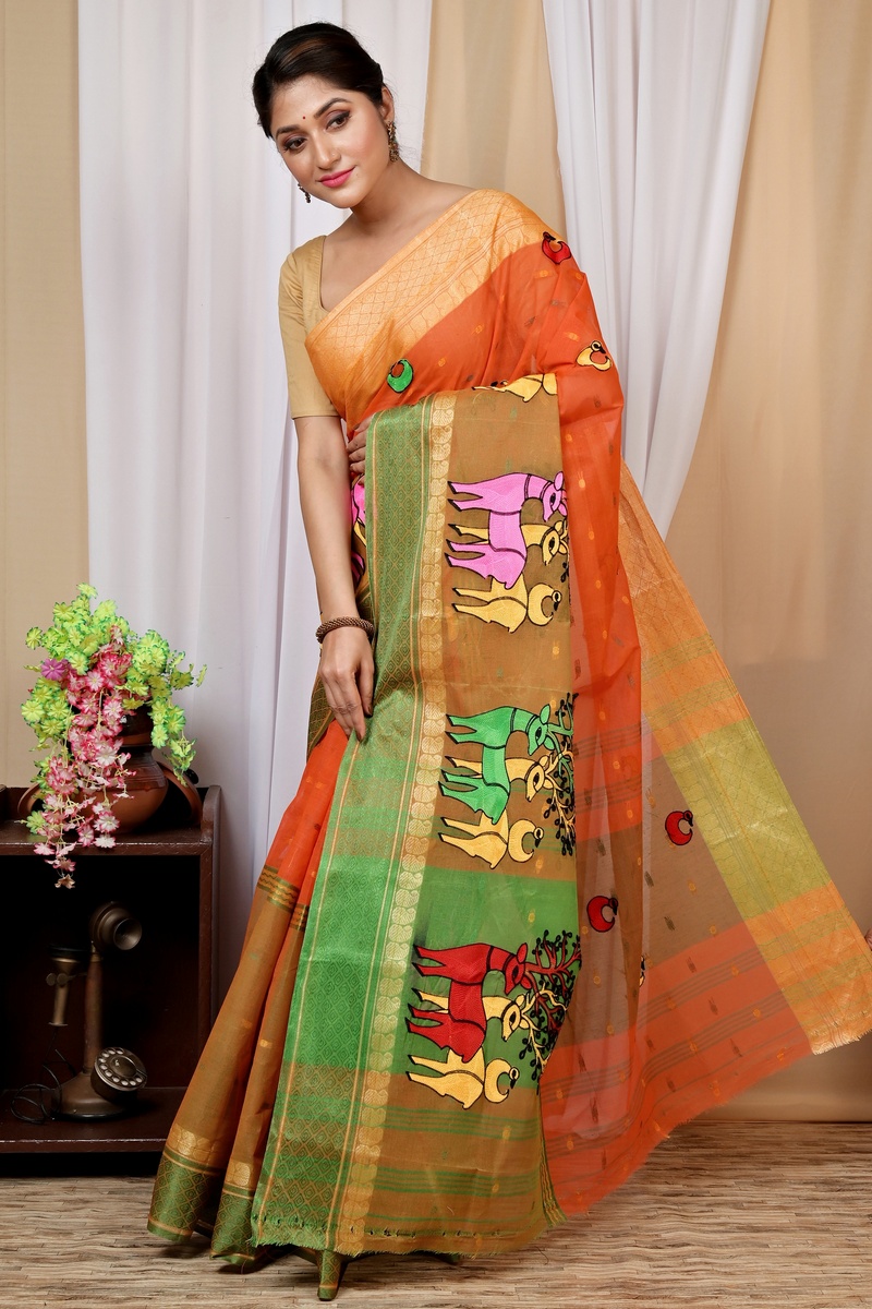 Orange Pure Cotton Embi Ganga Indra Tant Embroidery (1587)