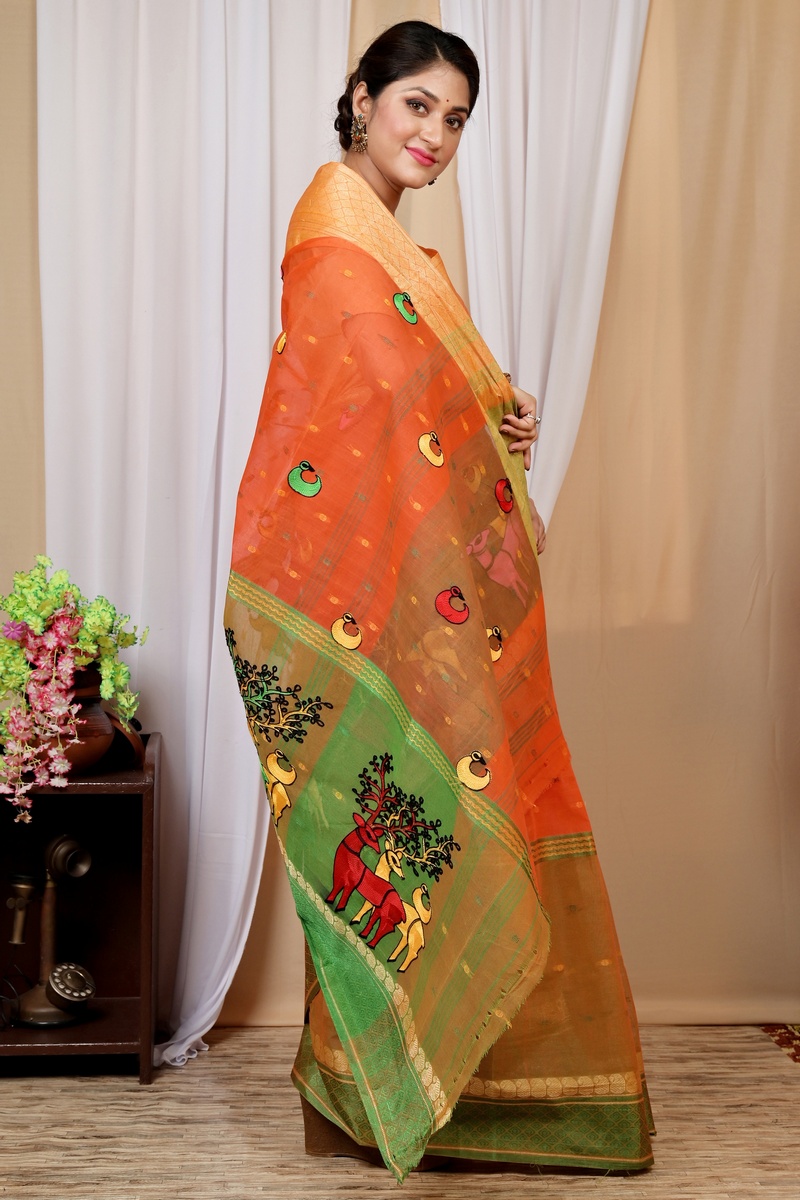 Orange Pure Cotton Embi Ganga Indra Tant Embroidery (1587)