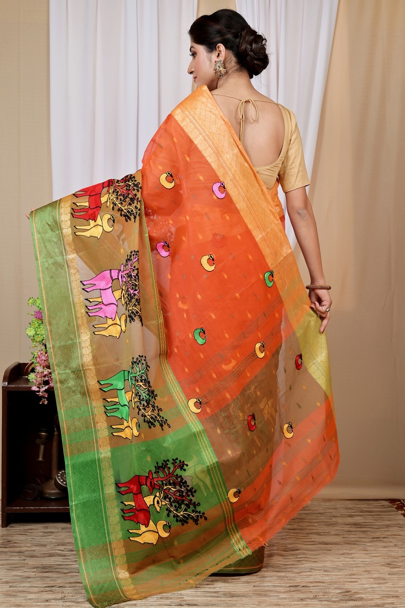 Orange Pure Cotton Embi Ganga Indra Tant Embroidery (1587)