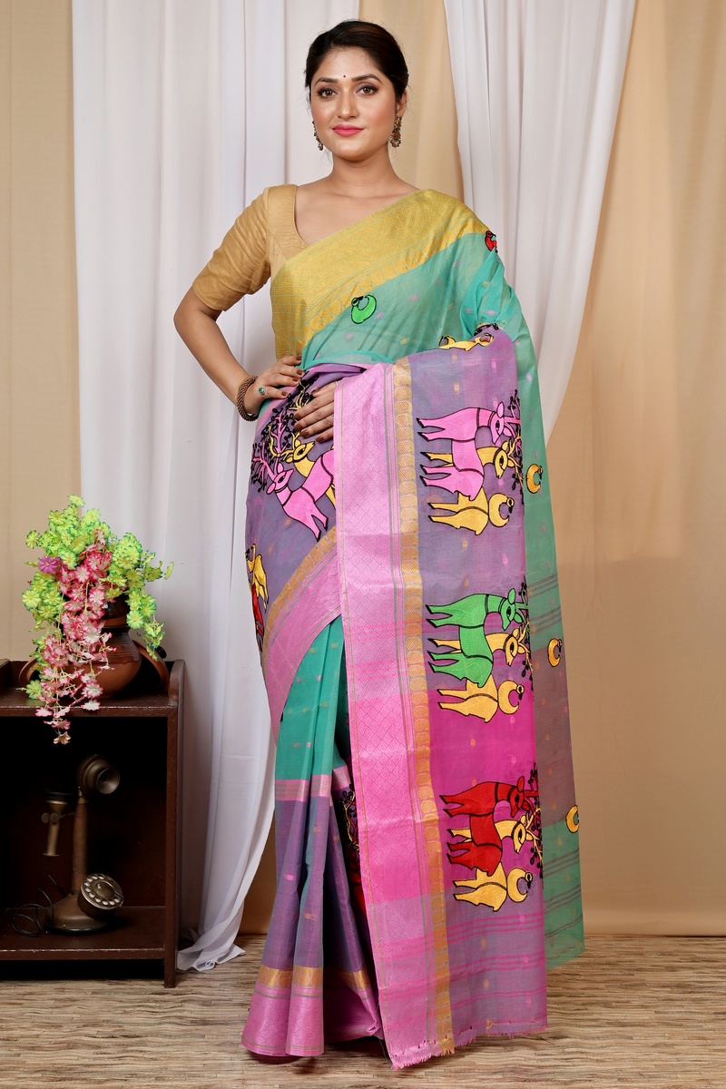 Green and Pink Pure Cotton Embi Ganga Indra Tant Embroidery (1588)