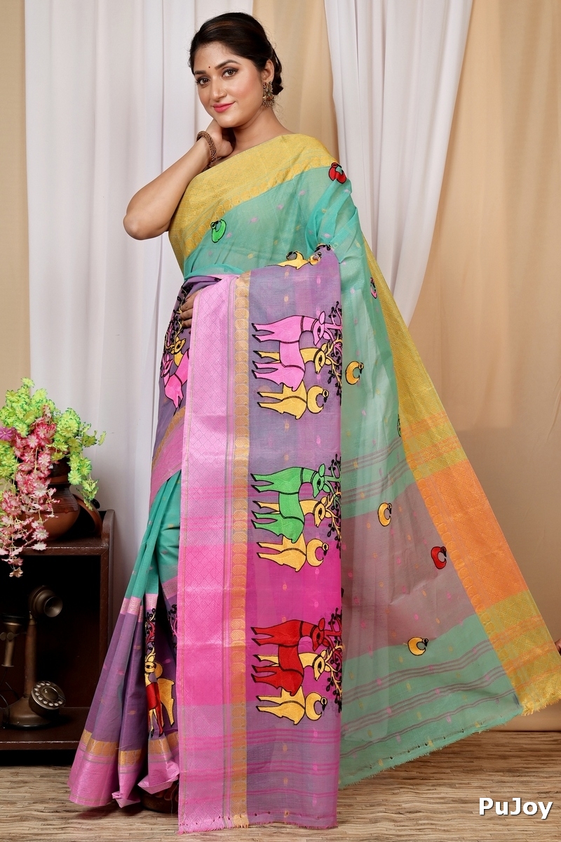 Green and Pink Pure Cotton Embi Ganga Indra Tant Embroidery (1588)