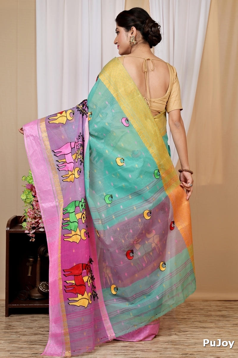 Green and Pink Pure Cotton Embi Ganga Indra Tant Embroidery (1588)