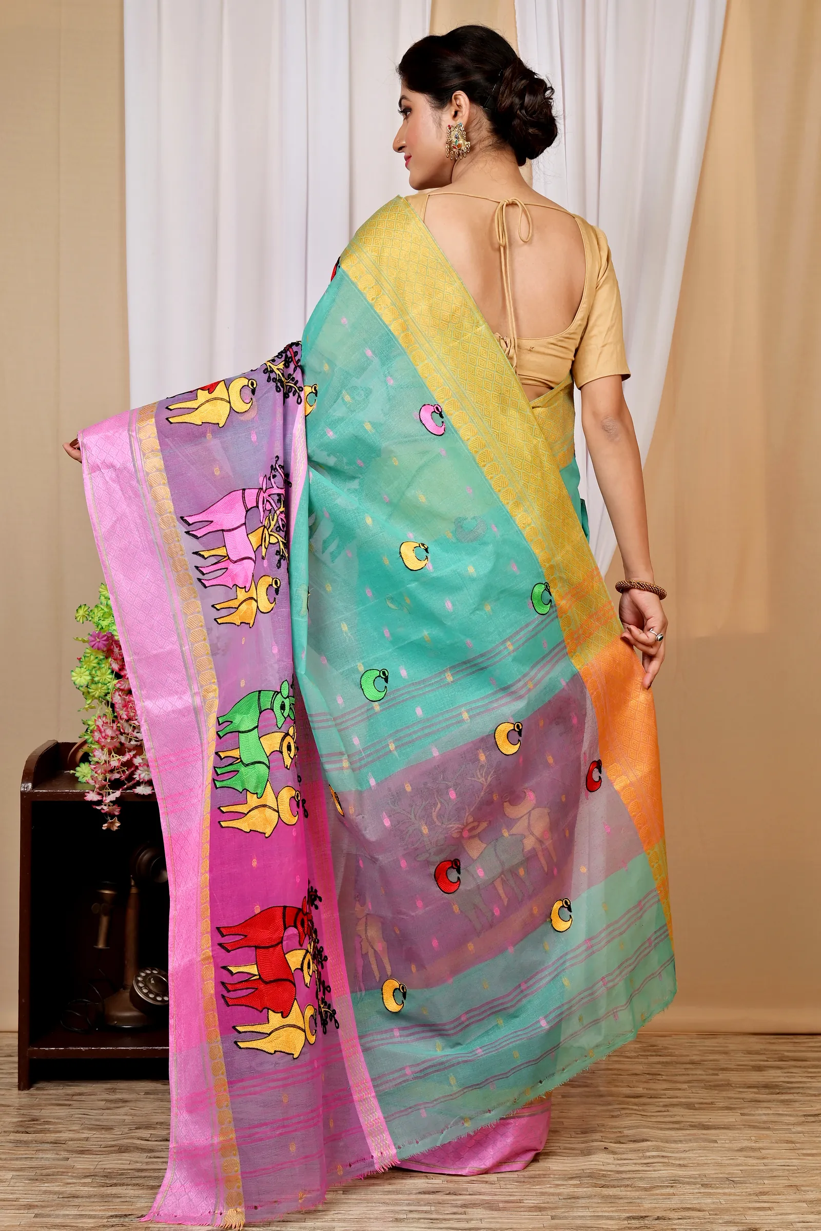 Green and Pink Pure Cotton Embi Ganga Indra Tant Embroidery (1588)