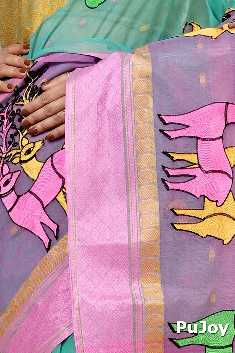 Green and Pink Pure Cotton Embi Ganga Indra Tant Embroidery (1588)