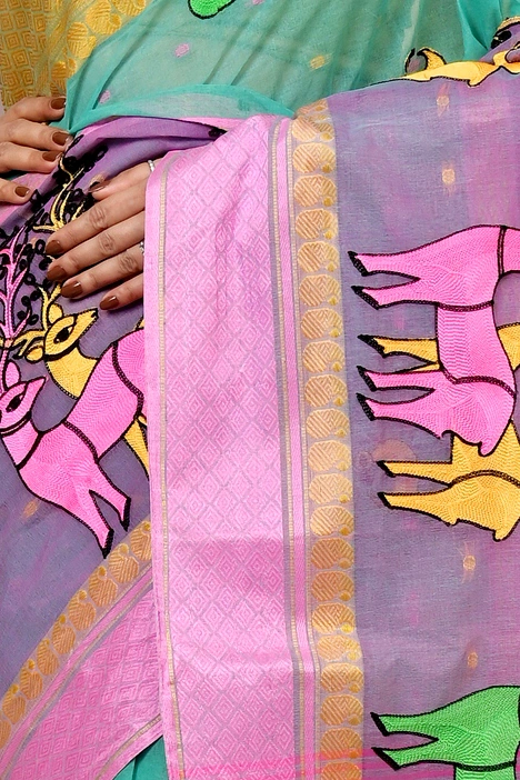 Green and Pink Pure Cotton Embi Ganga Indra Tant Embroidery (1588)