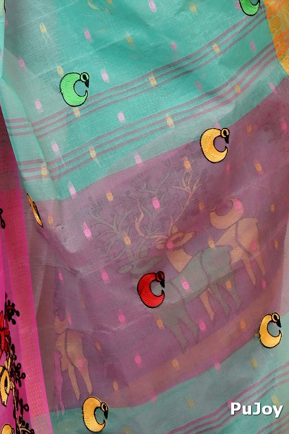 Green and Pink Pure Cotton Embi Ganga Indra Tant Embroidery (1588)