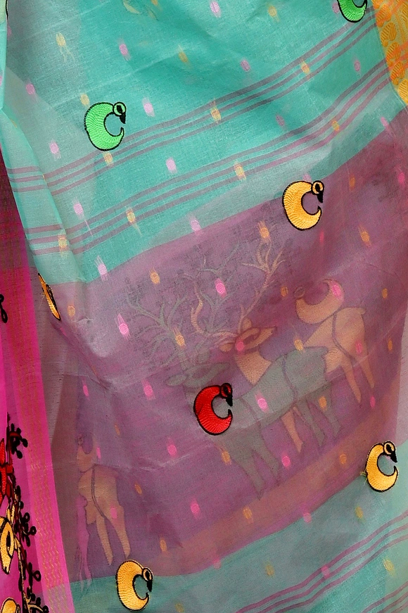 Green and Pink Pure Cotton Embi Ganga Indra Tant Embroidery (1588)