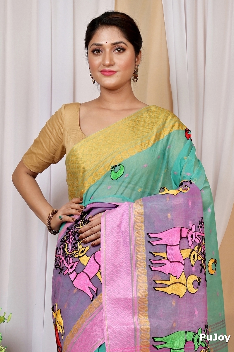 Green and Pink Pure Cotton Embi Ganga Indra Tant Embroidery (1588)