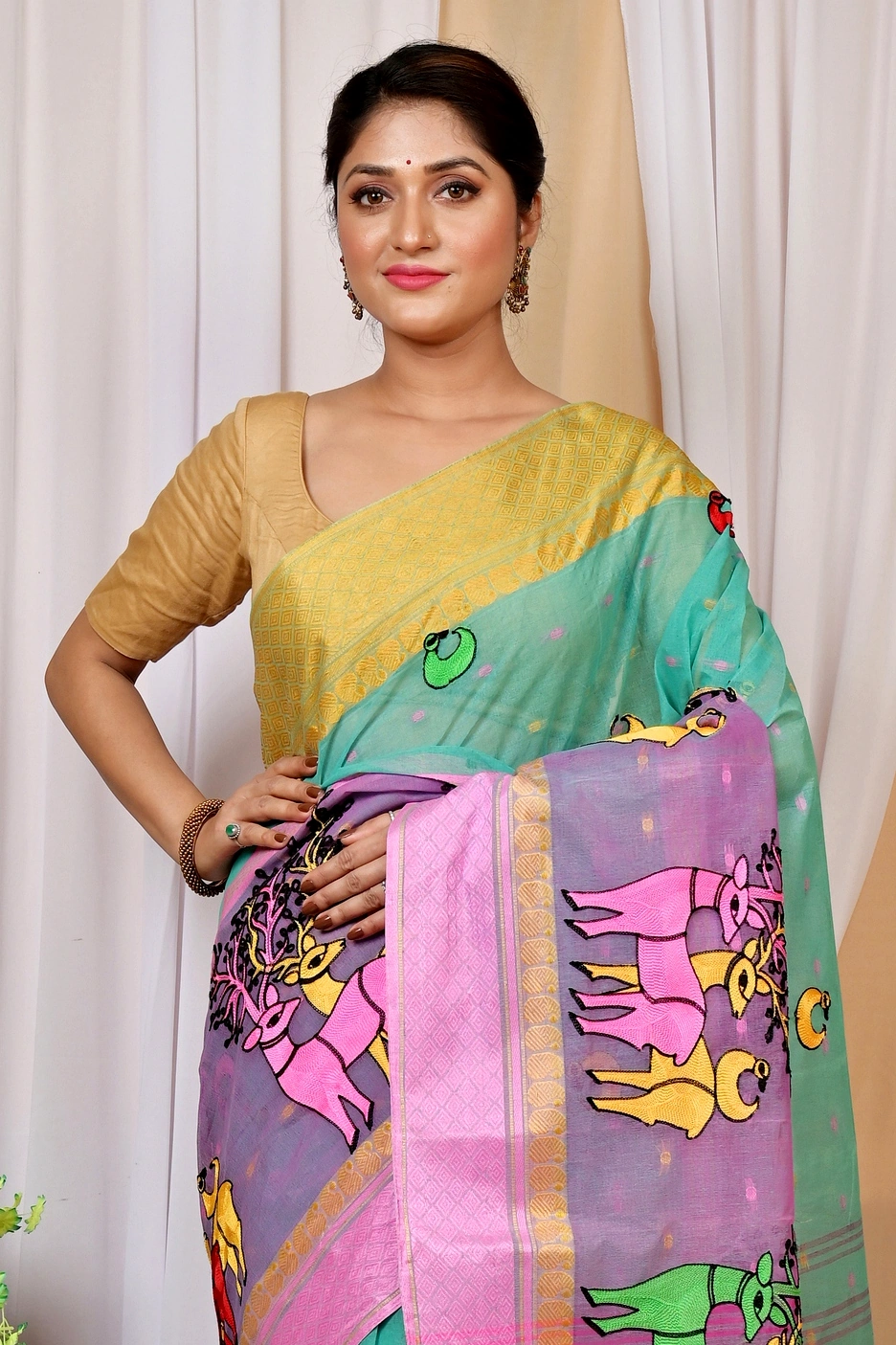 Green and Pink Pure Cotton Embi Ganga Indra Tant Embroidery (1588)