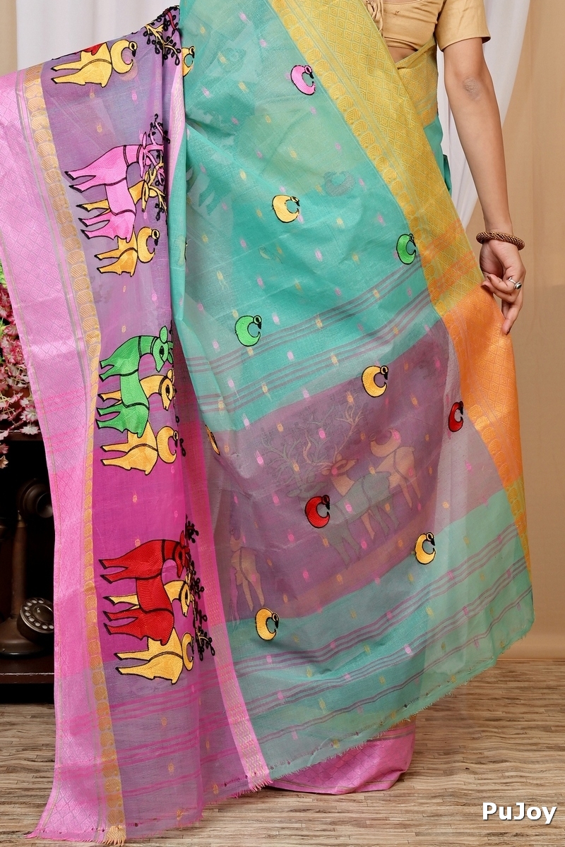 Green and Pink Pure Cotton Embi Ganga Indra Tant Embroidery (1588)