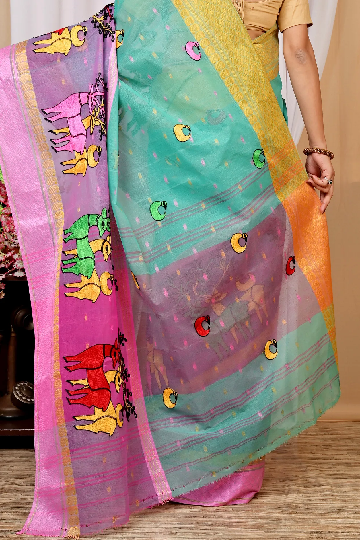 Green and Pink Pure Cotton Embi Ganga Indra Tant Embroidery (1588)