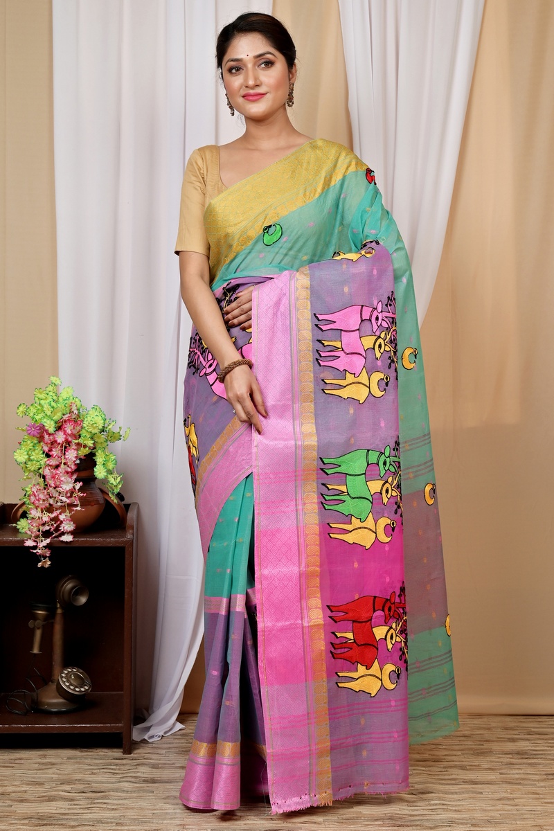 Green and Pink Pure Cotton Embi Ganga Indra Tant Embroidery (1588)
